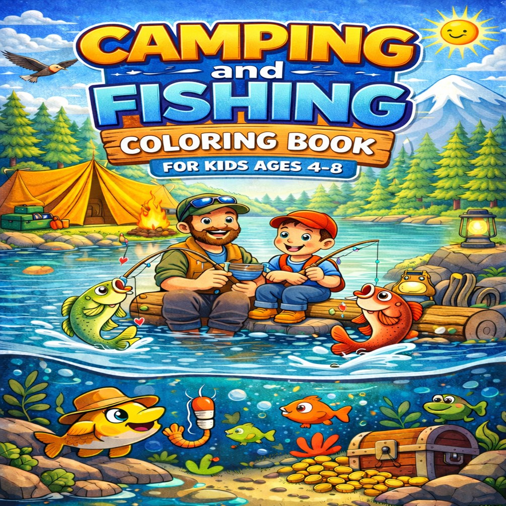 Camping and Fishing Coloring Book for Kids Ages 4–8