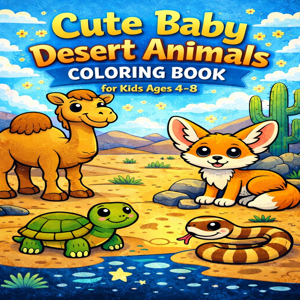 Cute Baby Desert Animals Coloring Book for Kids Ages 4–8: Bold & Easy Big Simple Designs with Camels, Foxes & More
