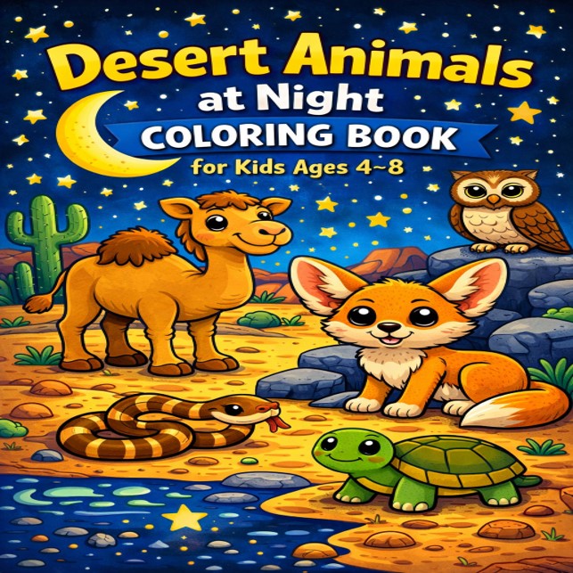 Desert Animals at Night Coloring Book for Kids: Calm Night Scenes with Big Bold Lines & Large Easy Spaces