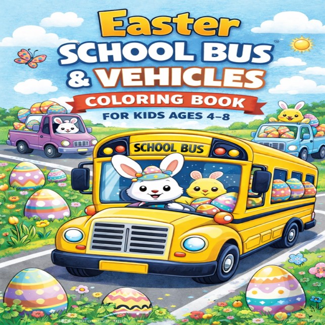 Easter School Bus & Vehicles Coloring Book for Kids Ages 4–8