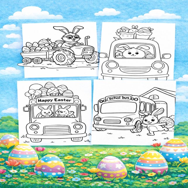 Easter School Bus & Vehicles Coloring Book for Kids Ages 4–8