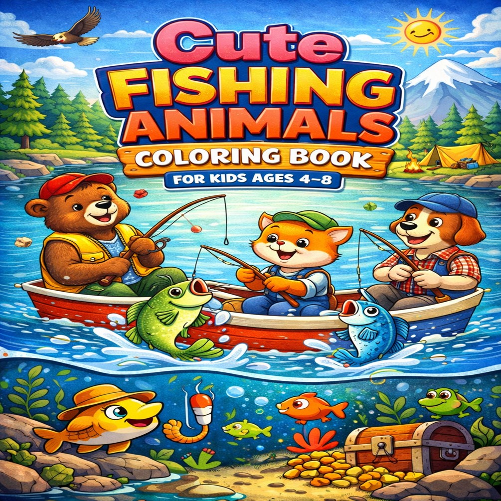 Cute Fishing Animals Coloring Book for Kids Ages 4–8: Fun Animal Fishing Adventures with Big Bold Easy Designs