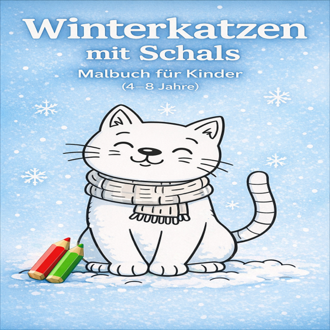 Winterkatzen mit Schals – Malbuch für Kinder (4–8 Jahre)