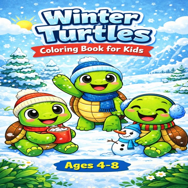 Winter Turtles Coloring Book for Kids Ages 4–8 | Cute Winter Animal Coloring